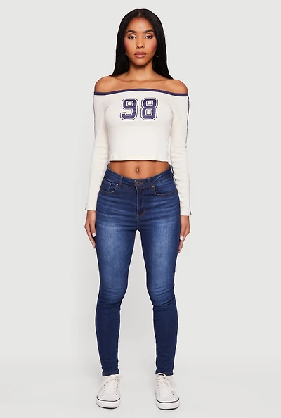 Womens 98 Graphic Off the Shoulder Crop Top, Beige, Size M