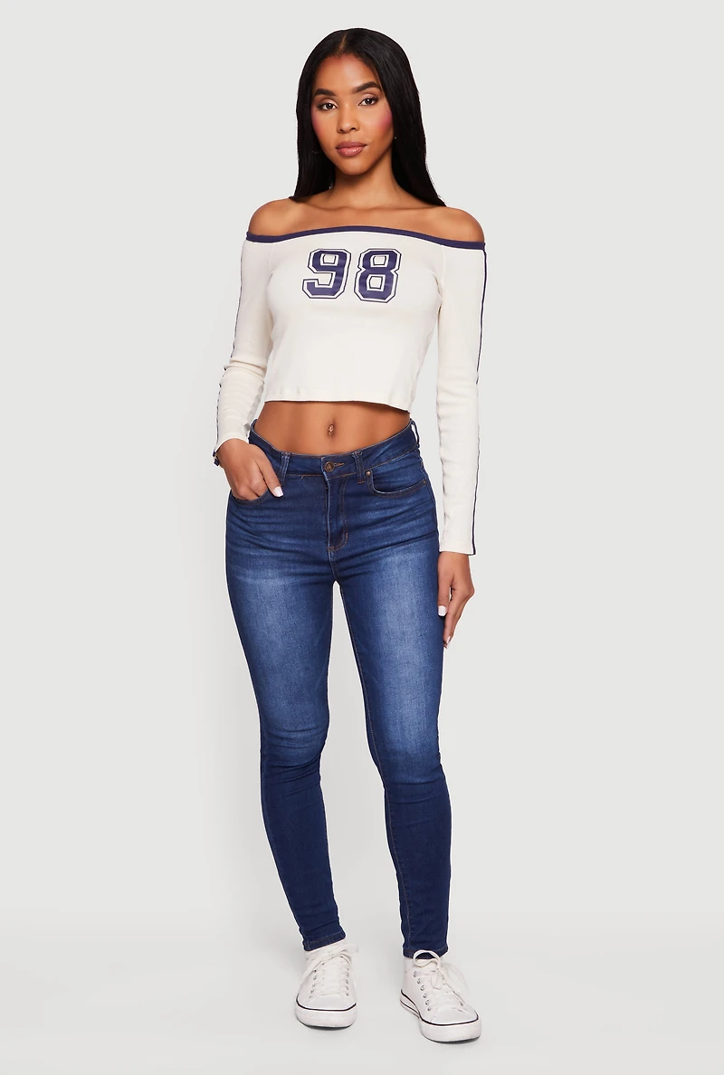 Womens 98 Graphic Off the Shoulder Crop Top, Beige, Size M