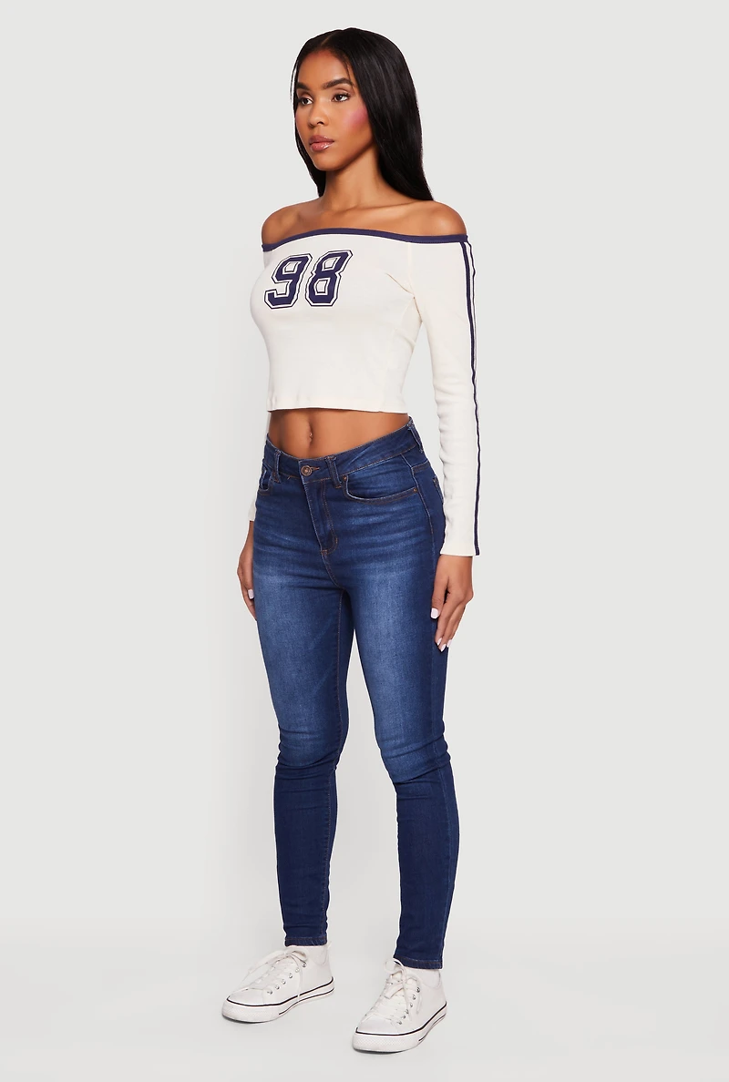 Womens 98 Graphic Off the Shoulder Crop Top, Beige, Size M