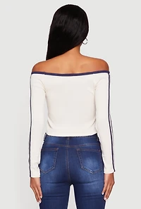 Womens 98 Graphic Off the Shoulder Crop Top, Beige, Size M