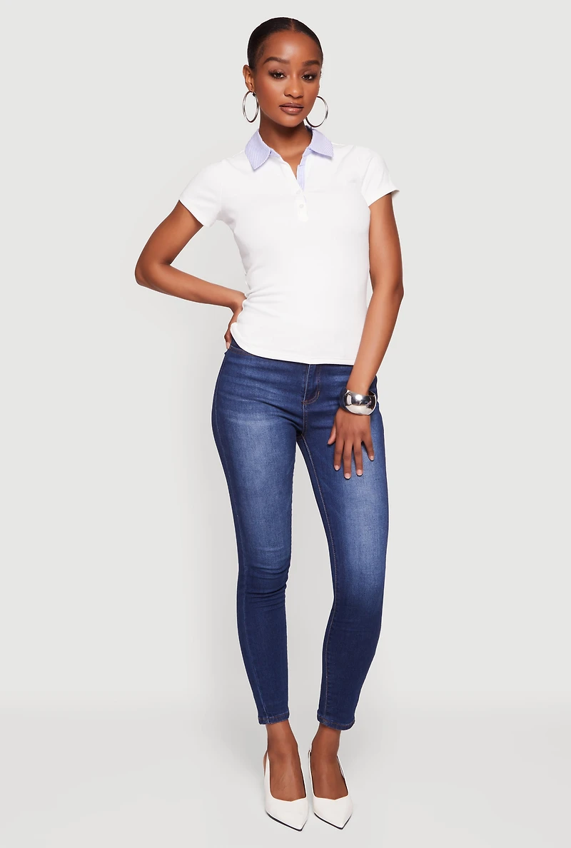 Contrast Trim Pinstriped Polo Shirt