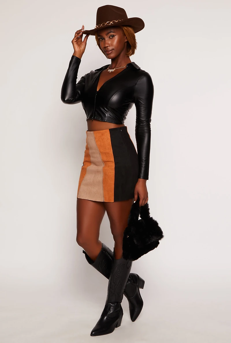 Faux Leather Shirt Collar Crop Top