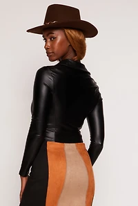 Faux Leather Shirt Collar Crop Top