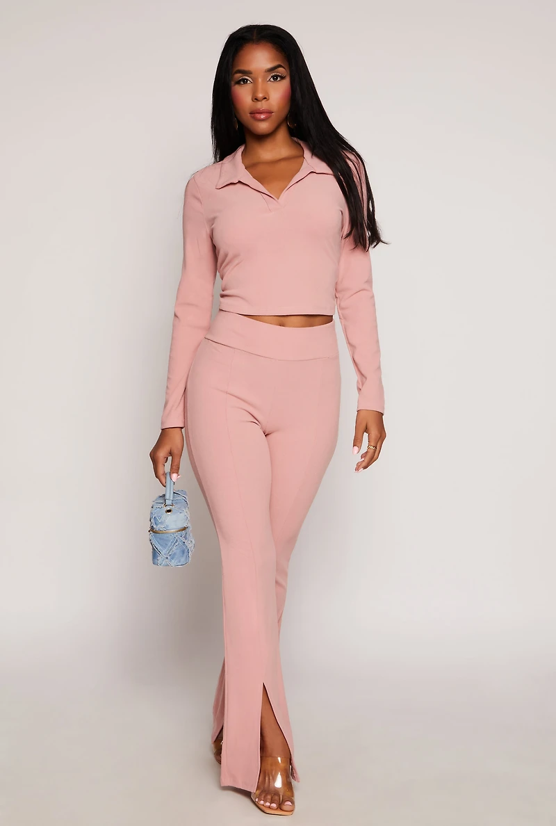 Johnny Collar Long Sleeve Crop Top