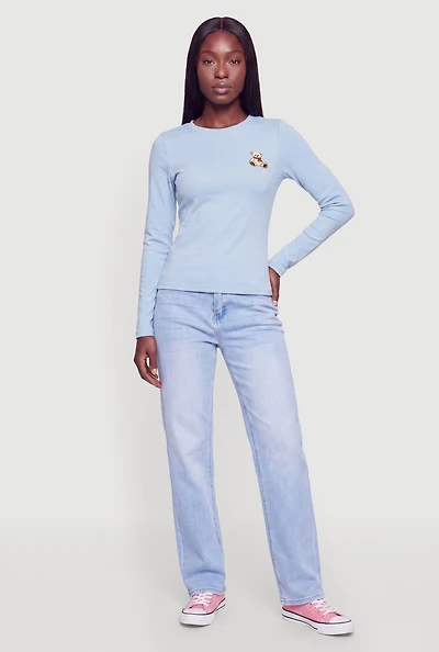 Bear Embroidered Patch Detail Long Sleeve Top