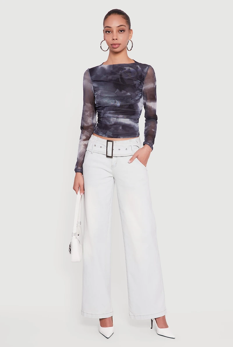 Printed Pattern Ruched Mesh Overlay Crop Top