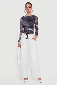 Printed Pattern Ruched Mesh Overlay Crop Top