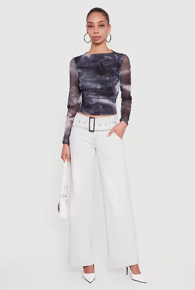 Printed Pattern Ruched Mesh Overlay Crop Top