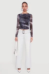 Printed Pattern Ruched Mesh Overlay Crop Top