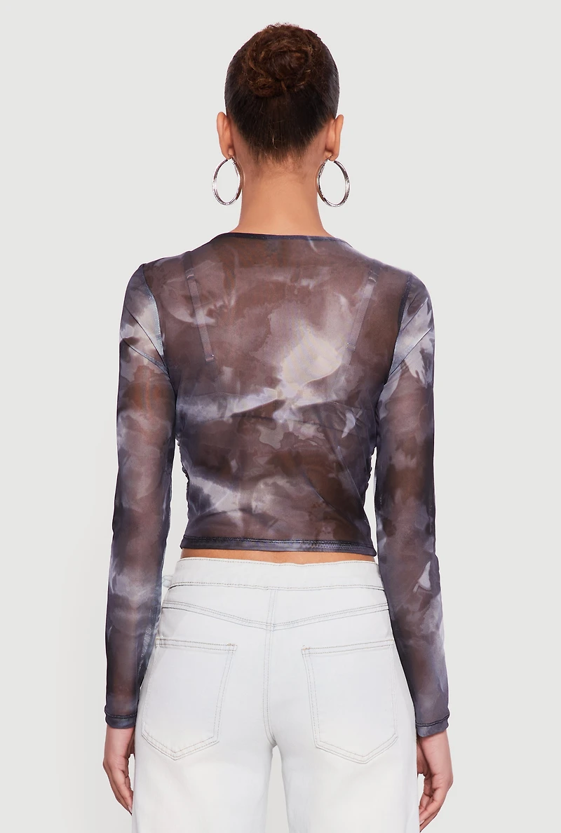 Printed Pattern Ruched Mesh Overlay Crop Top