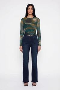 Womens Printed Pattern Ruched Mesh Overlay Crop Top,