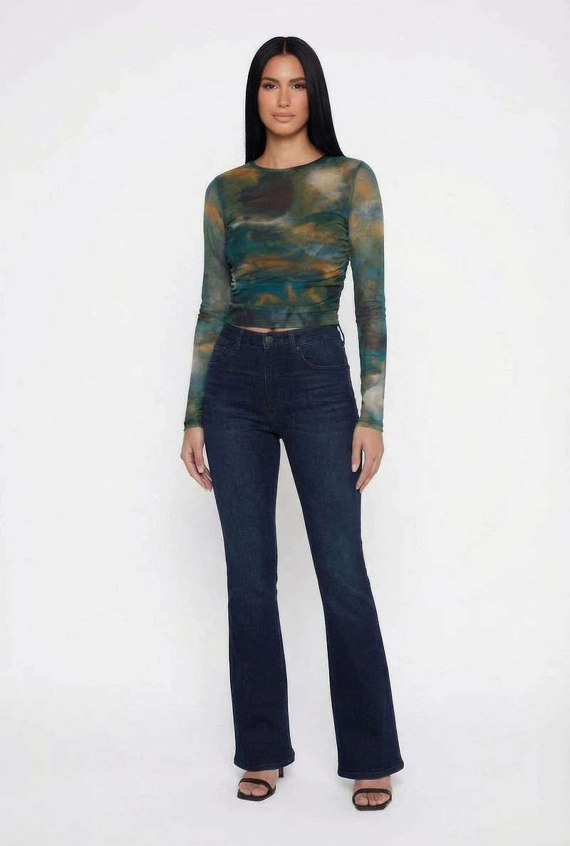 Printed Pattern Ruched Mesh Overlay Crop Top