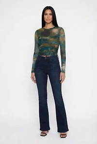 Printed Pattern Ruched Mesh Overlay Crop Top