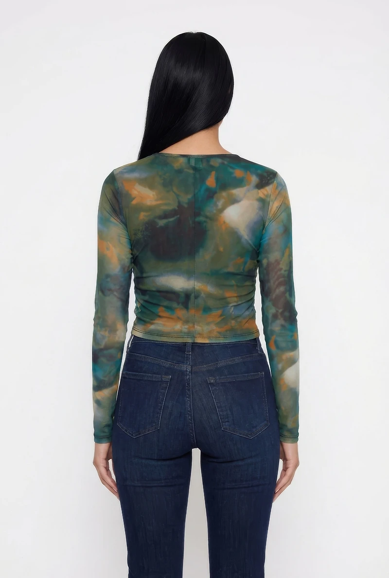 Womens Printed Pattern Ruched Mesh Overlay Crop Top,