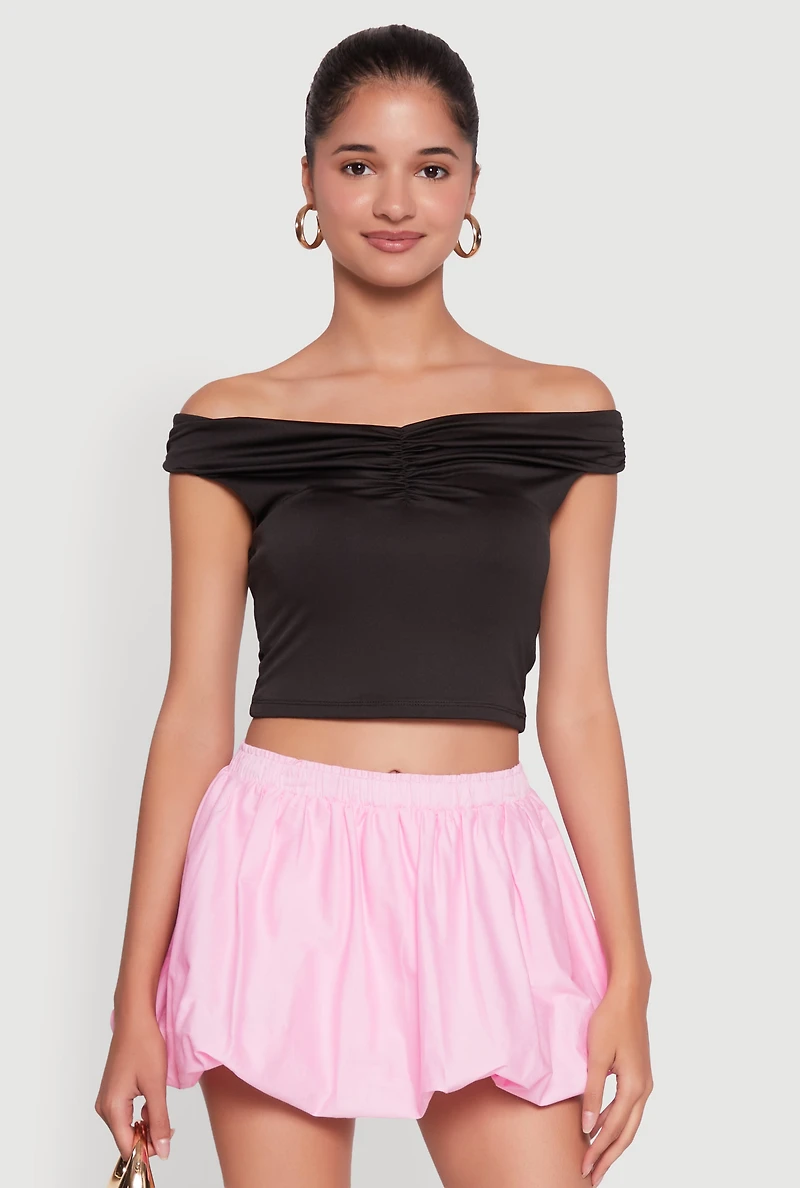 Womens Solid Ruched Off Shoulder Crop Top, Black, Size M