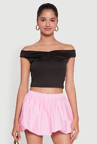 Womens Solid Ruched Off Shoulder Crop Top, Black, Size M