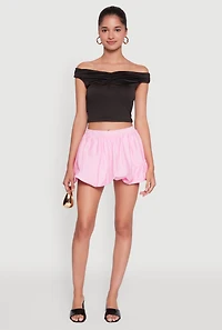 Womens Solid Ruched Off Shoulder Crop Top, Black, Size M