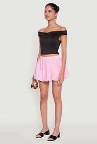 Womens Solid Ruched Off Shoulder Crop Top, L