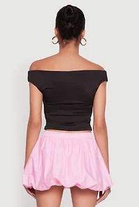 Womens Solid Ruched Off Shoulder Crop Top, S