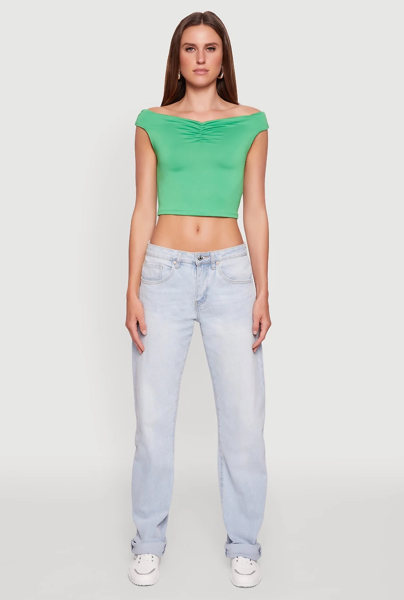 Womens Solid Ruched Off Shoulder Crop Top, Green, Size S