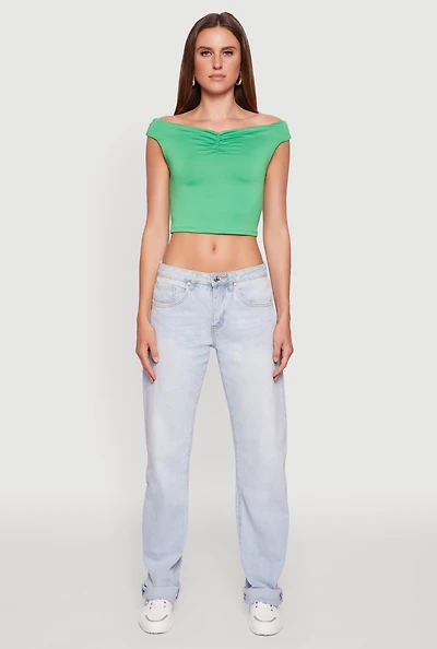 Womens Solid Ruched Off Shoulder Crop Top, Green, Size S