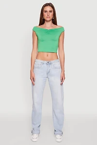 Womens Solid Ruched Off Shoulder Crop Top, Green, Size S