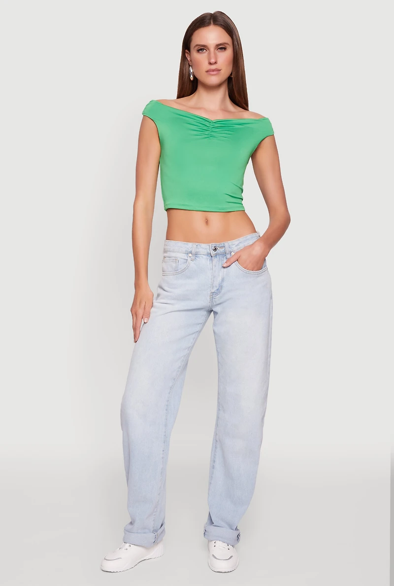 Womens Solid Ruched Off Shoulder Crop Top, Green, Size S