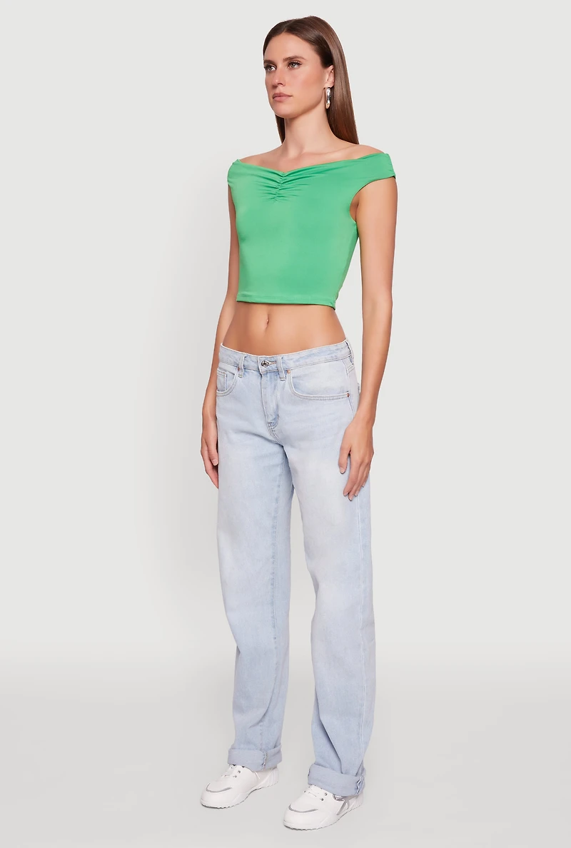 Womens Solid Ruched Off Shoulder Crop Top, Green, Size S