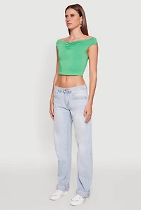 Womens Solid Ruched Off Shoulder Crop Top, Green, Size S