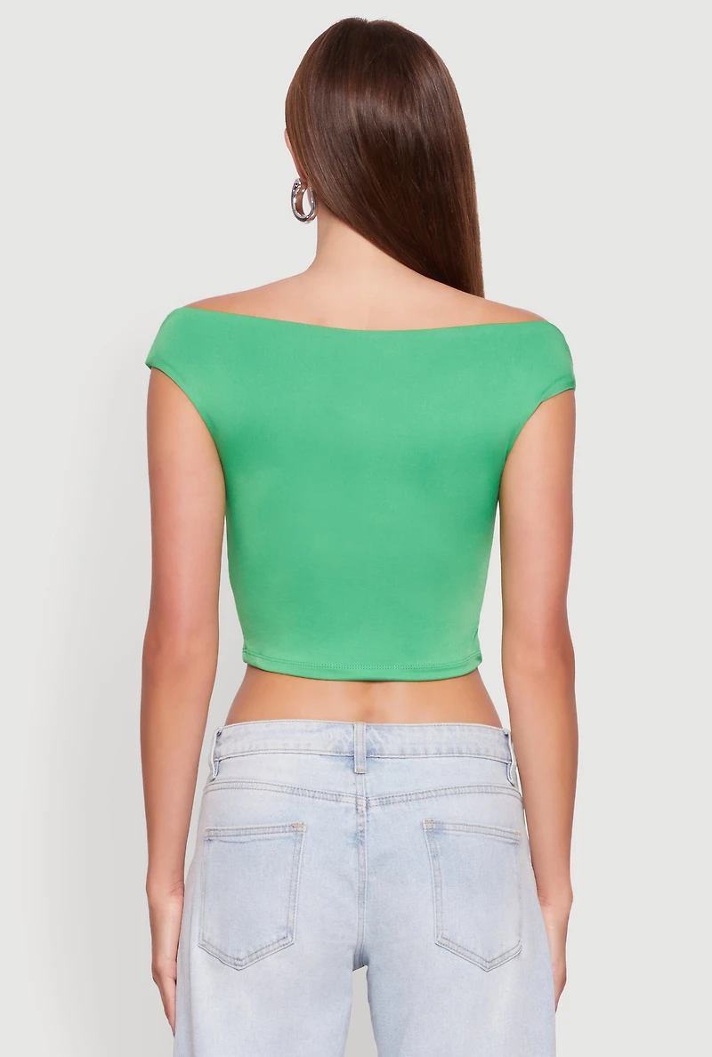 Womens Solid Ruched Off Shoulder Crop Top, Green, Size S