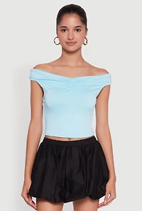 Womens Solid Ruched Off Shoulder Crop Top,