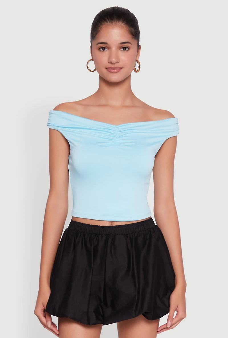 Womens Solid Ruched Off Shoulder Crop Top, L