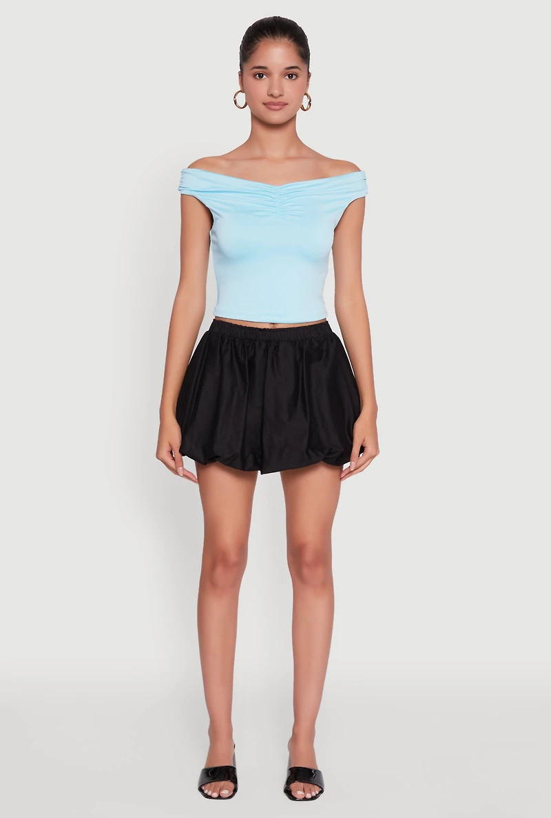 Womens Solid Ruched Off Shoulder Crop Top,