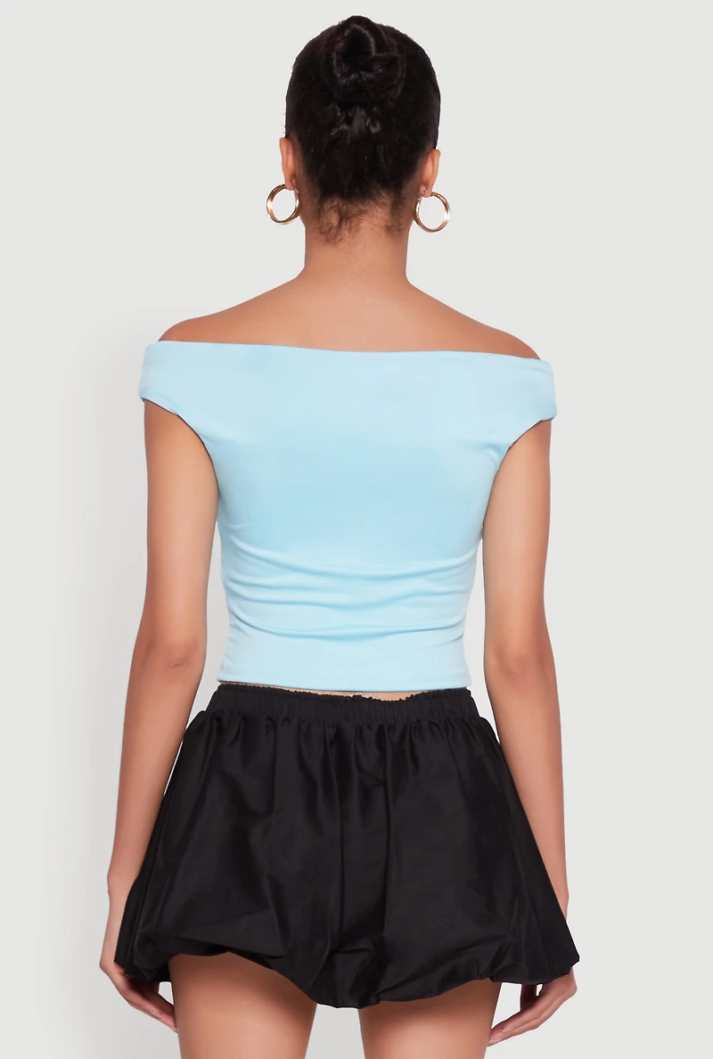 Womens Solid Ruched Off Shoulder Crop Top,