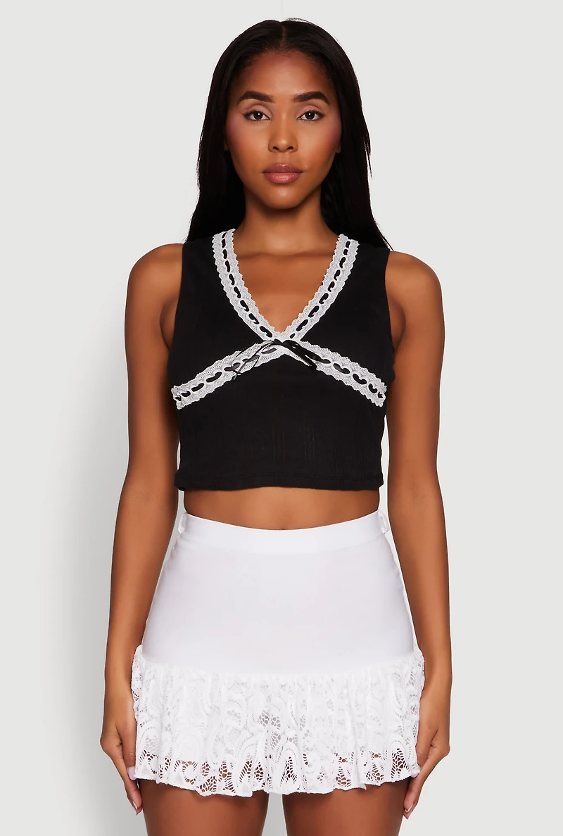 Womens Blashe Ribbon Lace Trim V-Neck Tank Top, Black, Size M