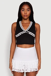 Womens Blashe Ribbon Lace Trim V-Neck Tank Top, Black, Size M