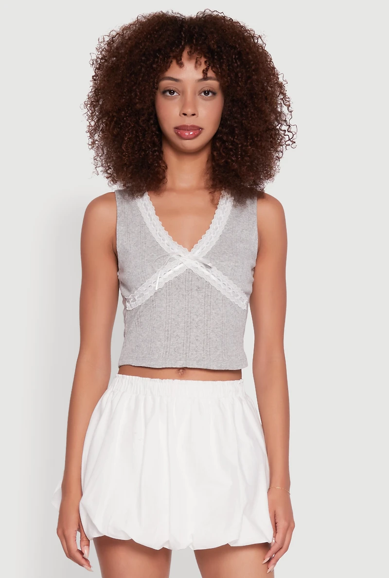 Womens Blashe Ribbon Lace Trim V-Neck Tank Top, Grey, Size M