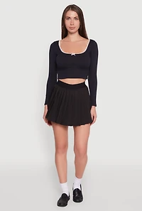 Womens Lace Detail Scoop Neck Long Sleeve Crop Top, Black,