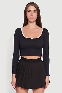 Womens Lace Detail Scoop Neck Long Sleeve Crop Top, Black, Size S