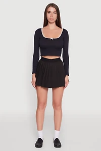 Womens Lace Detail Scoop Neck Long Sleeve Crop Top, Black,