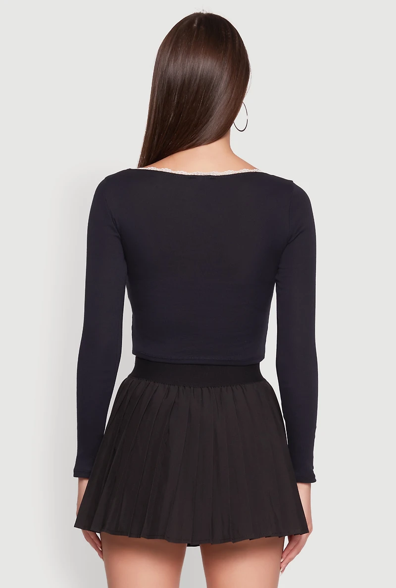 Womens Lace Detail Scoop Neck Long Sleeve Crop Top, Black,