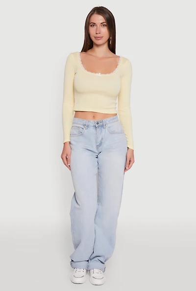 Womens Lace Detail Scoop Neck Long Sleeve Crop Top, Yellow, Size S