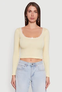Womens Lace Detail Scoop Neck Long Sleeve Crop Top, Yellow,