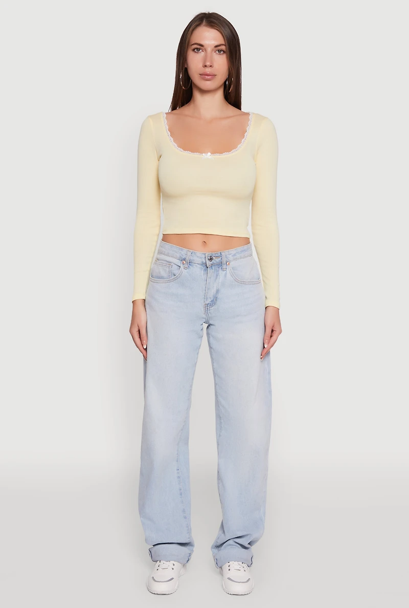 Womens Lace Detail Scoop Neck Long Sleeve Crop Top, Yellow,