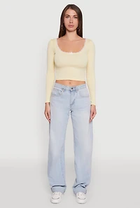 Womens Lace Detail Scoop Neck Long Sleeve Crop Top, Yellow,