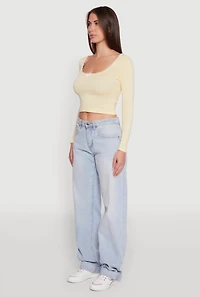 Womens Lace Detail Scoop Neck Long Sleeve Crop Top, Yellow, Size S