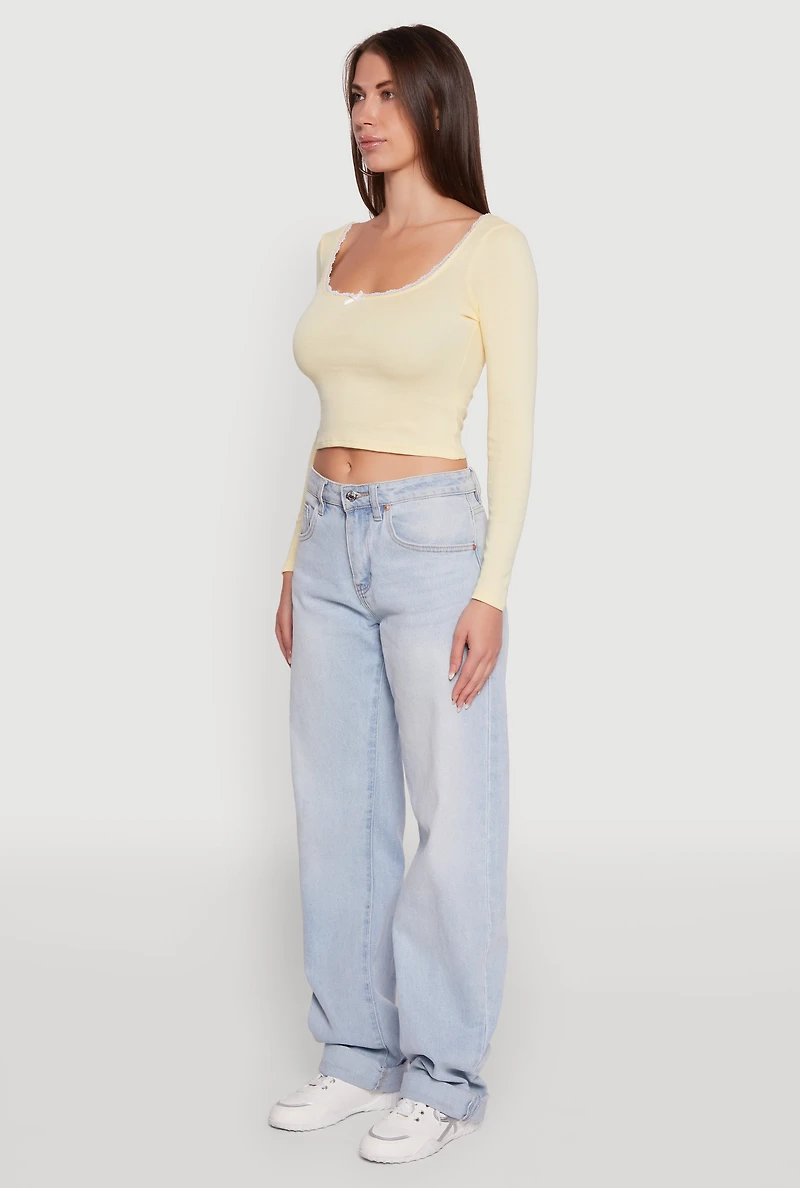 Womens Lace Detail Scoop Neck Long Sleeve Crop Top, Yellow,