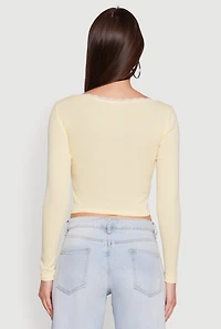 Womens Lace Detail Scoop Neck Long Sleeve Crop Top, Yellow, Size S