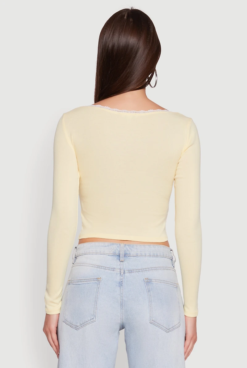 Womens Lace Detail Scoop Neck Long Sleeve Crop Top, Yellow,