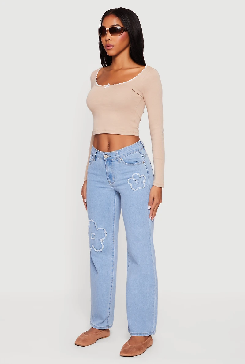 Lace Detail Scoop Neck Long Sleeve Crop Top